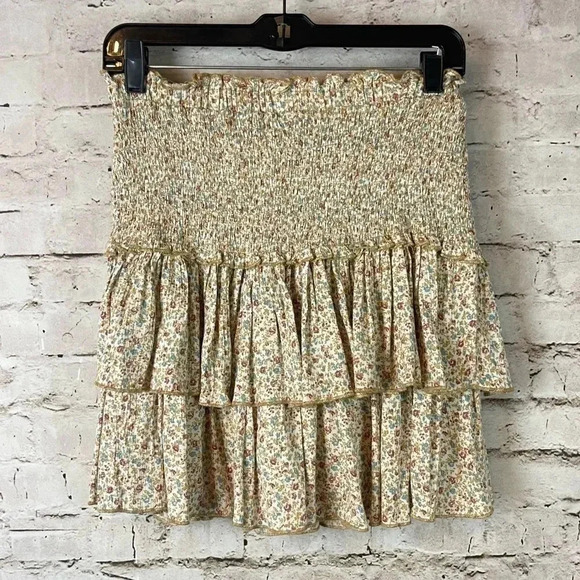 NWT Hem & Thread Women's Medium Tiered Floral Skirt Mustard 100% Rayon Lined NEW - Picture 7 of 8